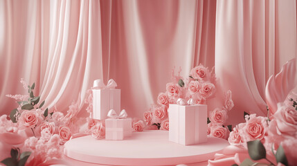 Podium, Pink Gift Boxes, Pink Rose on Valentines Day Pink Box, Pink Rose around Podium Elegant Podium for Celebration Beautiful Advertise on Birthday to Present of Product on Mothers Day