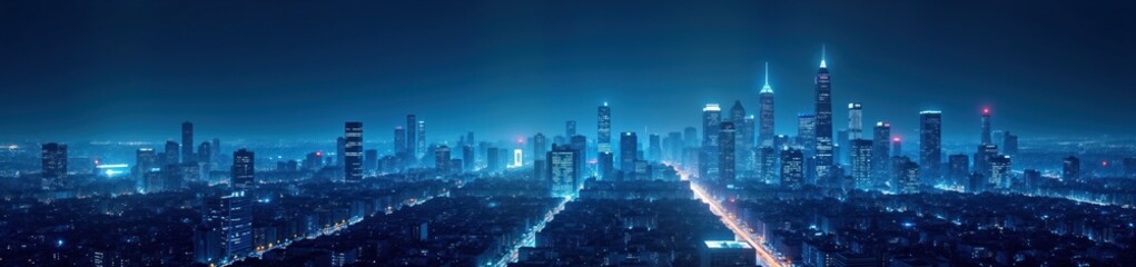 Fototapeta premium Night cityscape panorama shows tall buildings glowing blue light. Urban area at night. Long exposure captures city lights. Modern architecture. Business district. Elevated view. Evening scene.