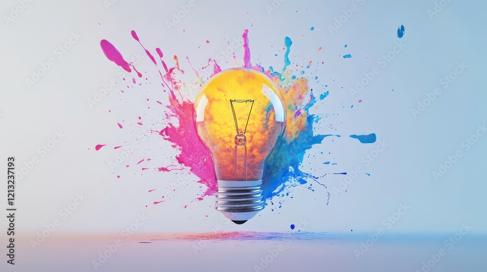 Poster glowing lightbulb with colorful paint splashes, symbolizing creativity and innovation.