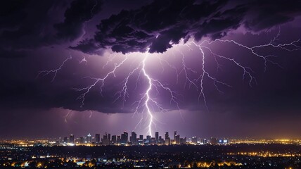 Obraz premium Lightning storm over city in purple light