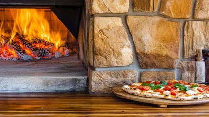 Wood-fired pizza cooking beside a rustic stone fireplace in a cozy setting during evening hours