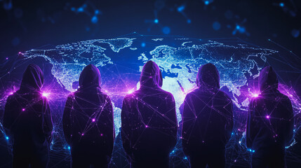 Naklejka premium Hacker are planning to hack and attack networks and cyber security systems.team people innovation connection of line from nail node to node on map background , networking concept
