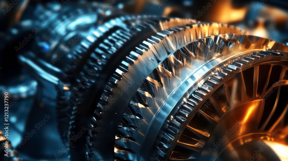 Aufkleber close-up of intricate metallic engine components, showcasing complex gears and turbine blades with w