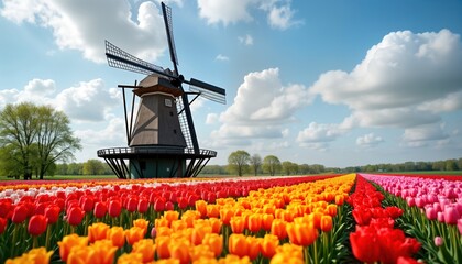 Dutch wooden windmill stands in vibrant tulip field. Colorful tulips in rows. Springtime scene in Holland Michigan. Scenic landscape. Traditional architecture, nature. Travel destination, tourism.