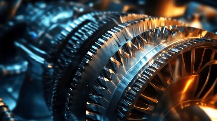 Fototapeta premium Close-up of intricate metallic engine components, showcasing complex gears and turbine blades with warm and cool lighting.
