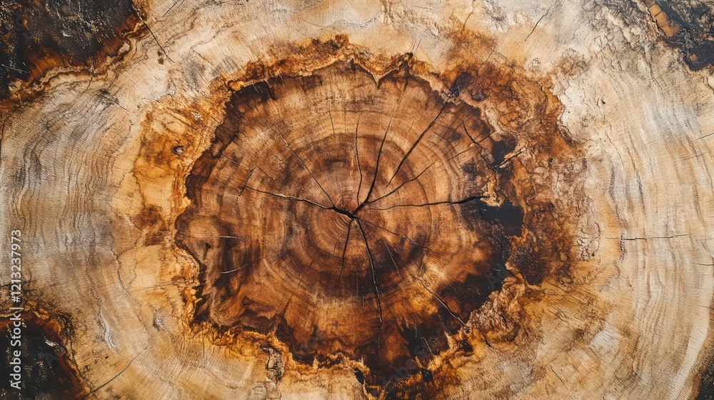 Poster close-up of a tree stump cross-section, showing concentric rings and cracks.