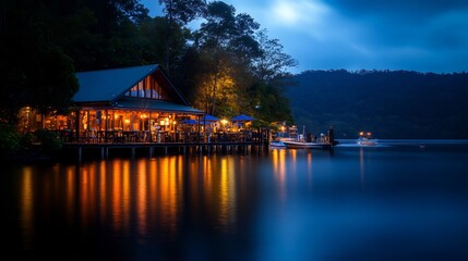 Fototapeta premium Lakeside Restaurant at Dusk: Tranquil Evening Ambiance