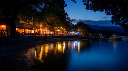 Obraz premium Nightfall at Lakeside Restaurant: Serene Twilight by the Water