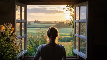 Woman looking at a beautiful sunrise view of the fields through an open window
