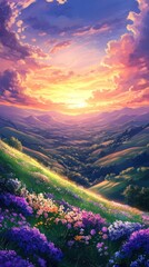 Obraz premium Breathtaking landscape featuring a stunning sunset over a lush rolling mountain valley blanketed in a vibrant carpet of wildflowers The scene radiates a serene