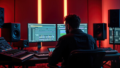 Music producer works on new song in recording studio. Person sits at desk with multiple monitors, sound equipment. Digital audio workstation software on screen. Studio environment lit by colored
