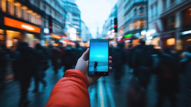 City Street, Person Holding Phone, Blurred Background, Travel Photo