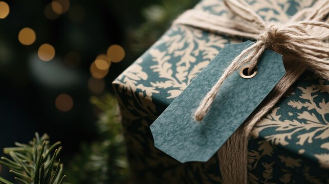 Rustic Christmas gift, tag, twine, bokeh, tree, close-up