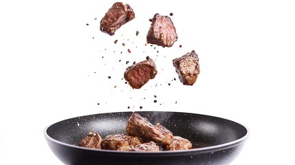 Tender roasted steaks falling into a frying pan sizzling on white background
