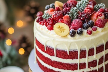 Festive Red Velvet Cake with Berries, Christmas Lights