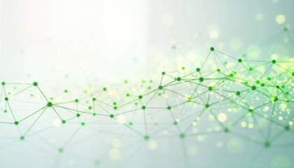 Abstract digital network illustration in green, white. Intricate web of interconnected glowing green points, lines. Dynamic visualization suggests global tech network, connection. Modern graphic