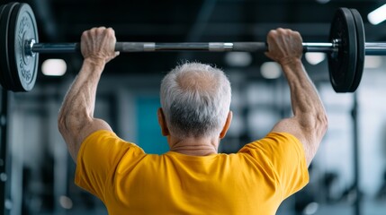 Naklejka premium Senior man lifts weights in gym to promote fitness and health in an active lifestyle