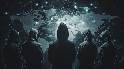 Obraz premium Hacker are planning to hack and attack networks and cyber security systems.team people innovation connection of line from nail node to node on map background , networking concept