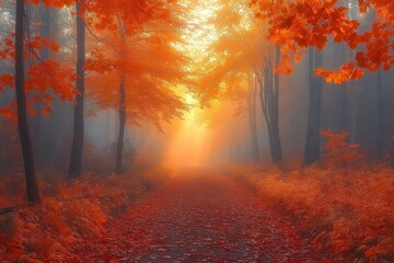 Fototapeta premium mystical autumn forest path covered in vibrant orange and red maple leaves golden sunlight filtering through fogladen branches