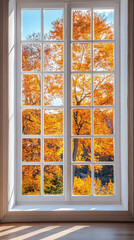 A vertical photo of a white window frame with a fall landscape foliage view