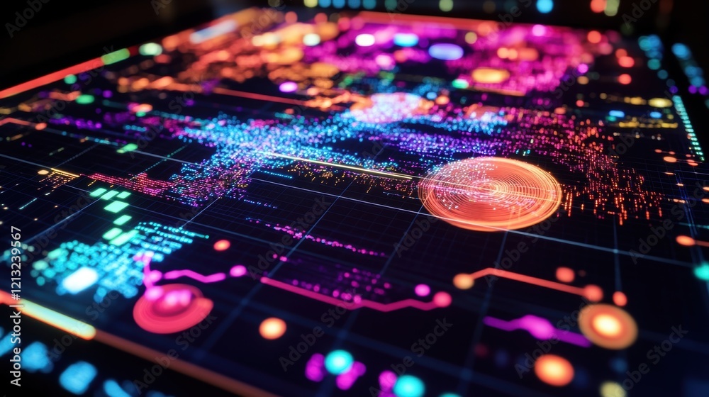 Poster futuristic world map displaying global connections and data analysis, visualizing complex informatio