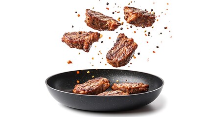 Roasted meat steaks with crispy edges falling into a frying pan on white background
