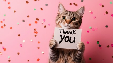 Cute tabby cat holding a "Thank You" sign against a pink background with confetti.