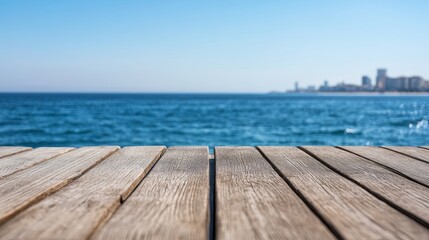 Fototapeta premium Wooden deck overlooking tranquil ocean with distant skyline under clear blue sky
