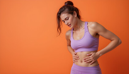 Obraz premium Young sad fitness trainer sporty woman sportsman wear purple top clothes spend time in home gym put hands on belly suffer from pain isolated on plain orange background. Workout sport fit abs concept. 