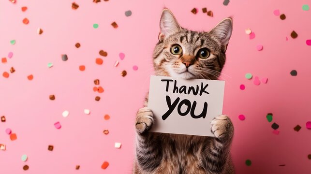 Cute tabby cat holding a "Thank You" sign against a pink background with confetti.