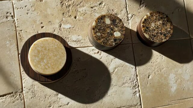 Unique circular stone and wood objects create interesting shadows on a light tiled surface in modern interior setting