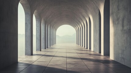 Naklejka premium Long arched hallway with mountain view.