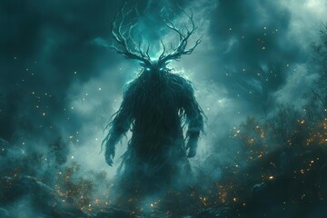 mystical forest guardian with antlers ethereal fog bioluminescent elements dark fantasy style