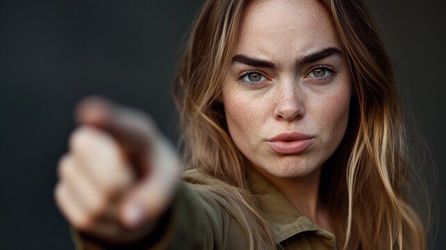 Woman confidently pointing at the viewer in a close-up portrait with a captivating expression