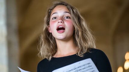 Young girl passionately singing in a historic building during a choir rehearsal