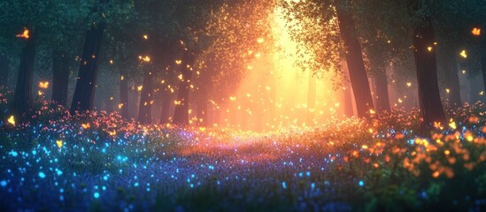Obraz premium Ethereal fireflies dance and glow illuminating the ethereal dreamlike landscape of an enchanted forest at night Surreal and mystical atmosphere with vibrant colors serene pond