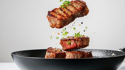 Perfectly roasted meat steaks falling into a frying pan with sizzling effect on white background