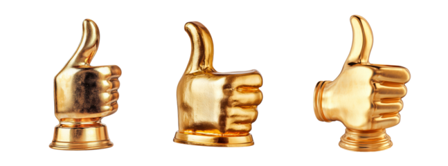 Set of golden thumb up award trophy isolated on transparent background 
