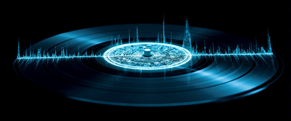 Vinyl record with intricate designs surrounded by digital sound wave patterns conveying a fusion of vintage and modern music technology