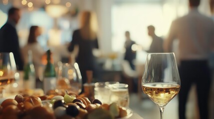 Close-up of white wine glass at a blurry business party with food and people socializing. © thenort