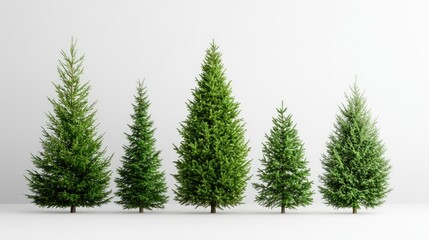Obraz premium Five green pine trees of different sizes standing in a row against a clean white studio background.
