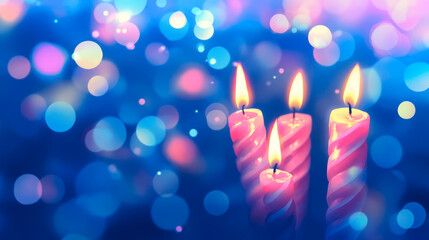 Four burning candles on blue lights bokeh background