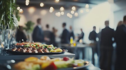 Delicious catering food at a blurry business event.