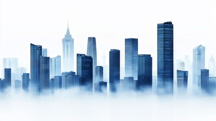 Naklejka premium A misty skyline features modern skyscrapers, creating an ethereal, blue-toned cityscape against a light backdrop.