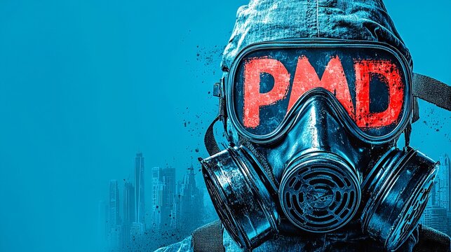 A masked figure in a gas mask against a blue background, featuring the letters "PMD" prominently displayed.
