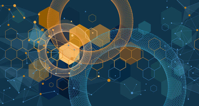 Abstract fractal circles geometric honeycomb hexagonal wall pattern tiles, elegant dark shades of blue background with golden stroke, outline, connected global molecular dot structure in biotechnology