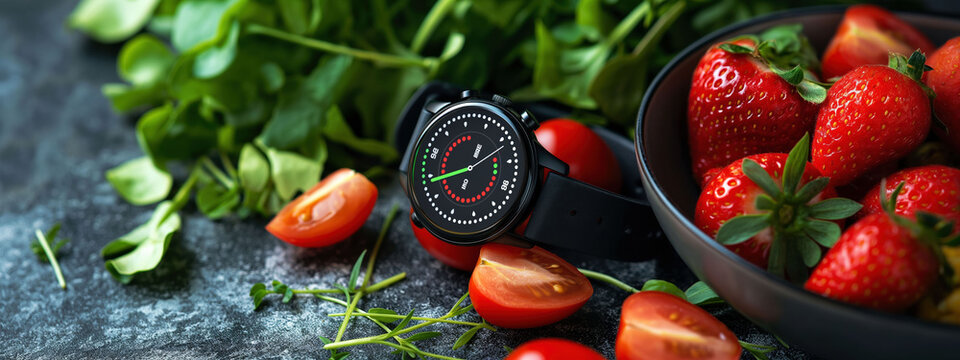 Exploring fasting intervals with a smartwatch alongside vibrant, fresh vegetables and fruits for mindful eating