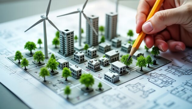 Hand draws miniature city model with eco-friendly buildings, trees. Plan shows sustainable urban planning concept using renewable energy. City layout integrates green spaces, future development.