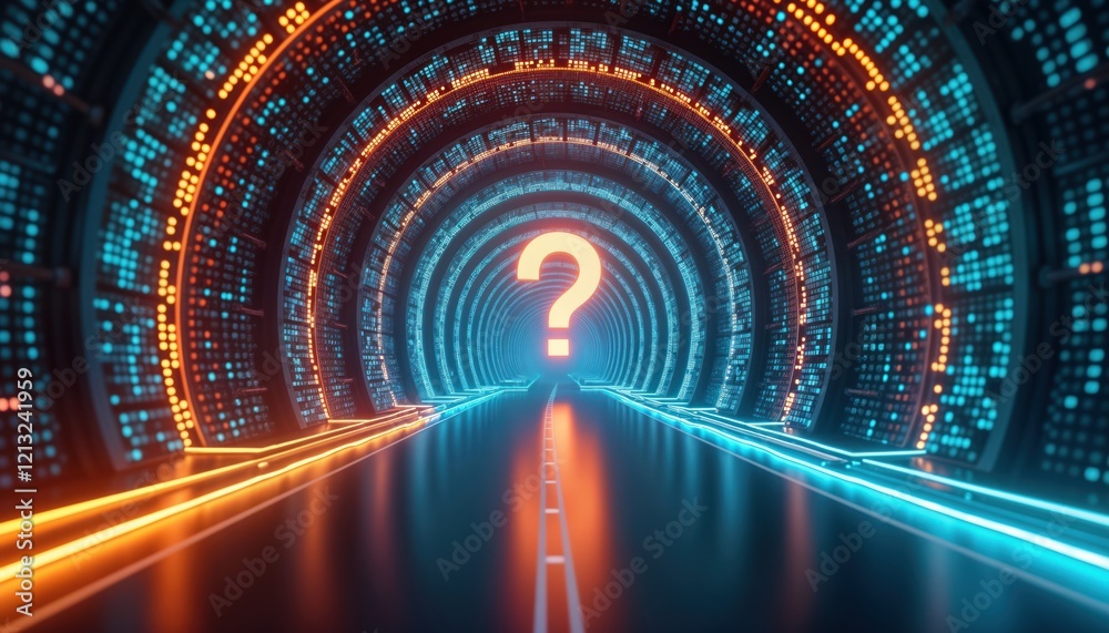 Poster futuristic tunnel glows with vibrant neon lights. glowing question mark leads way. tech inspired spa