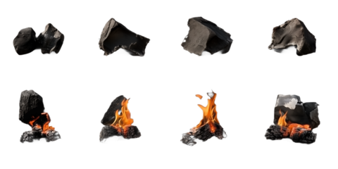 Set of smoldering burning coals, isolated on transparent black background
